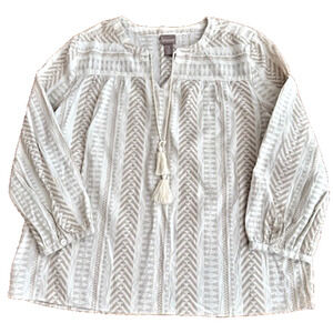 Chico’s Women’s Pullover Cotton Blouse Tie Tassels Sz 3 Large or XL 12 14 Boho